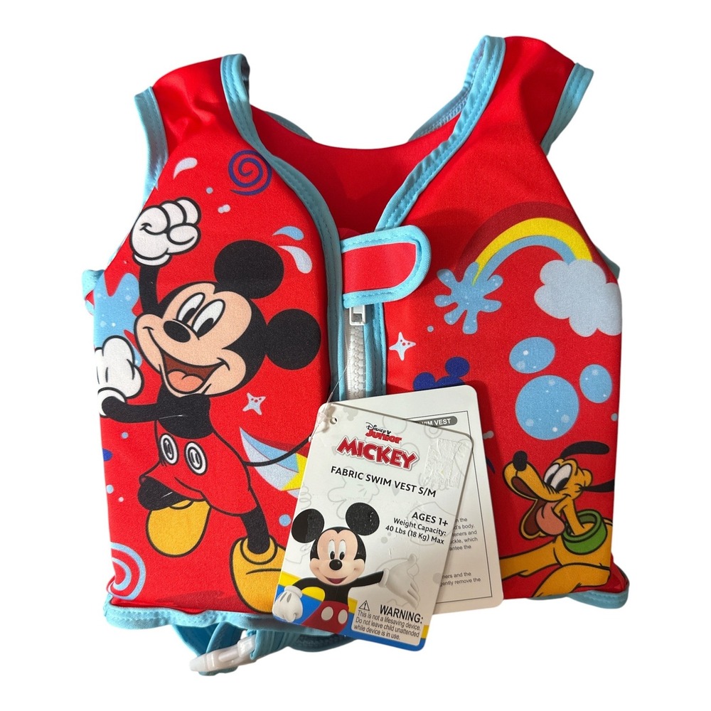 Disney Junior Mickey Mouse Kids Fabric Swim Vest Red Blue Pluto Size S/M NWT